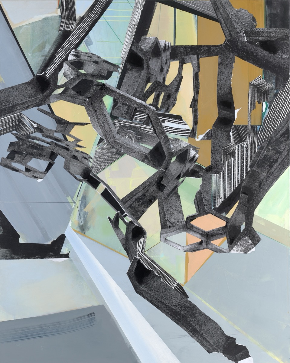 Raumstruktur 1, 175 cm x 140 cm, Acryl, Lack, Papier, 2022